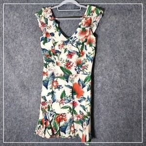 Maria Filo Women Dress M Cream Floral Resort Ruffle V Neck Mini Fit Flare Lined